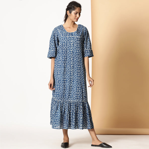 Indigo Dabu Block Print Cotton Square Neck Maxi Dress