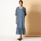 Indigo Dabu Block Print Cotton Square Neck Maxi Dress