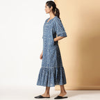 Indigo Dabu Block Print Cotton Square Neck Maxi Dress