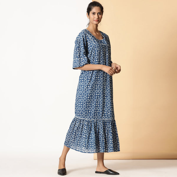 Indigo Dabu Block Print Cotton Square Neck Maxi Dress