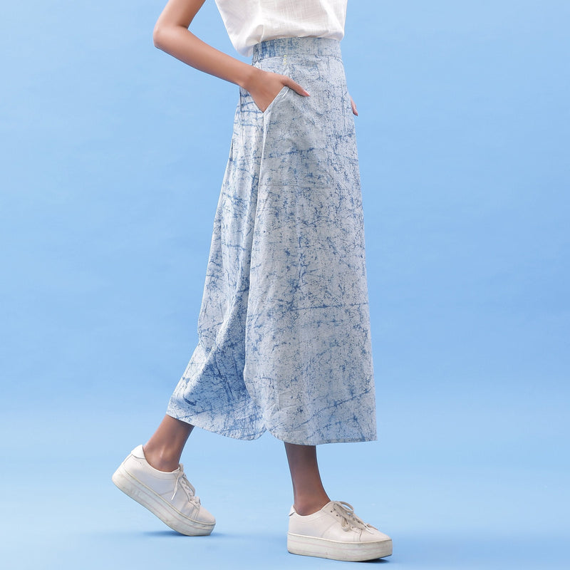 Front View of a Model wearing Indigo Dabu Printed Breezy A-Line Skirt