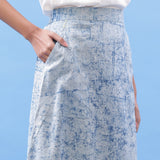 Front Detail of a Model wearing Indigo Dabu Printed Breezy A-Line Skirt