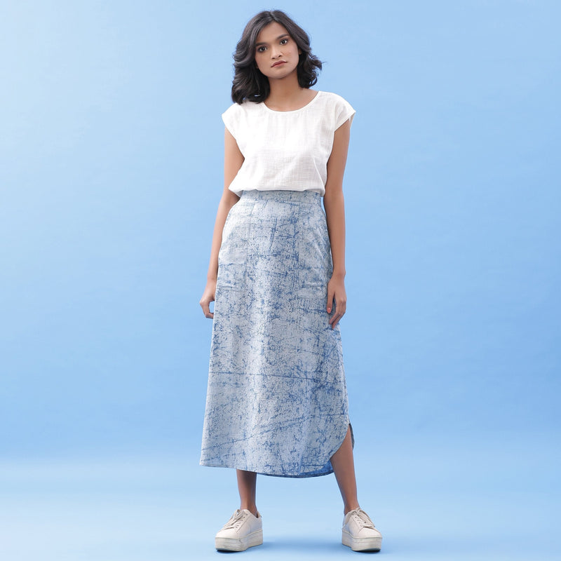 Front View of a Model wearing Indigo Dabu Printed Breezy A-Line Skirt