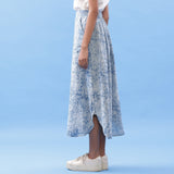 Left View of a Model wearing Indigo Dabu Printed Breezy A-Line Skirt