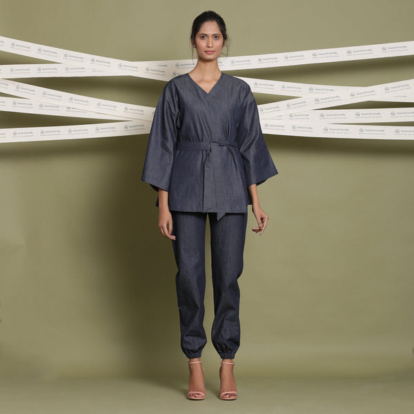 Front View of a Model wearing Indigo Jogger Pant and Indigo Overlay Set