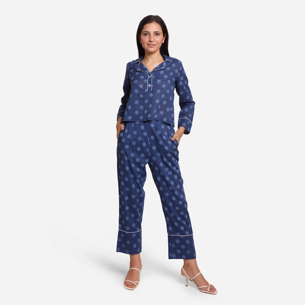 Front View of a Model wearing Indigo Polka Dot Shirt and Straight Pant Set