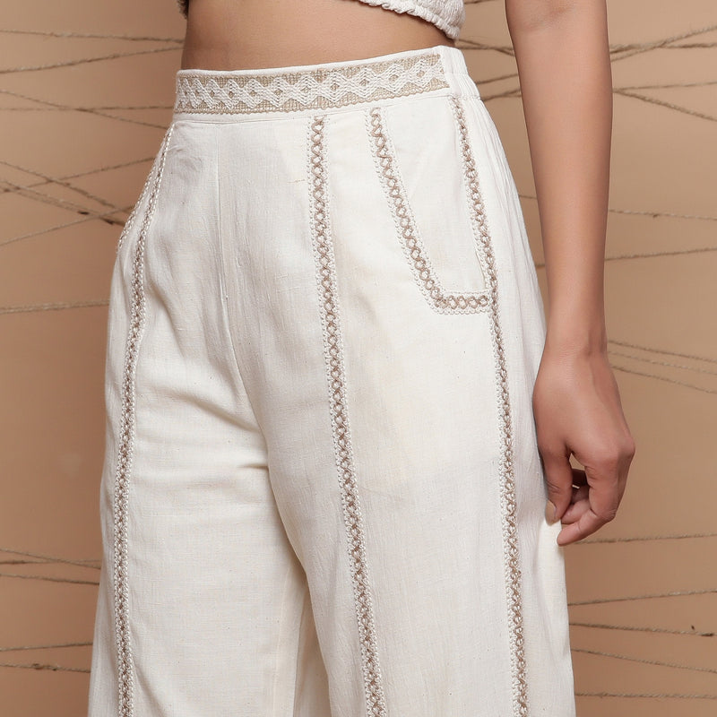 Left View of a Model wearing Jute Laced Cotton Ecru Straight Pant