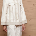 Front Detail of a Model wearing Undyed Handspun Jute Lace Cargo Jacket