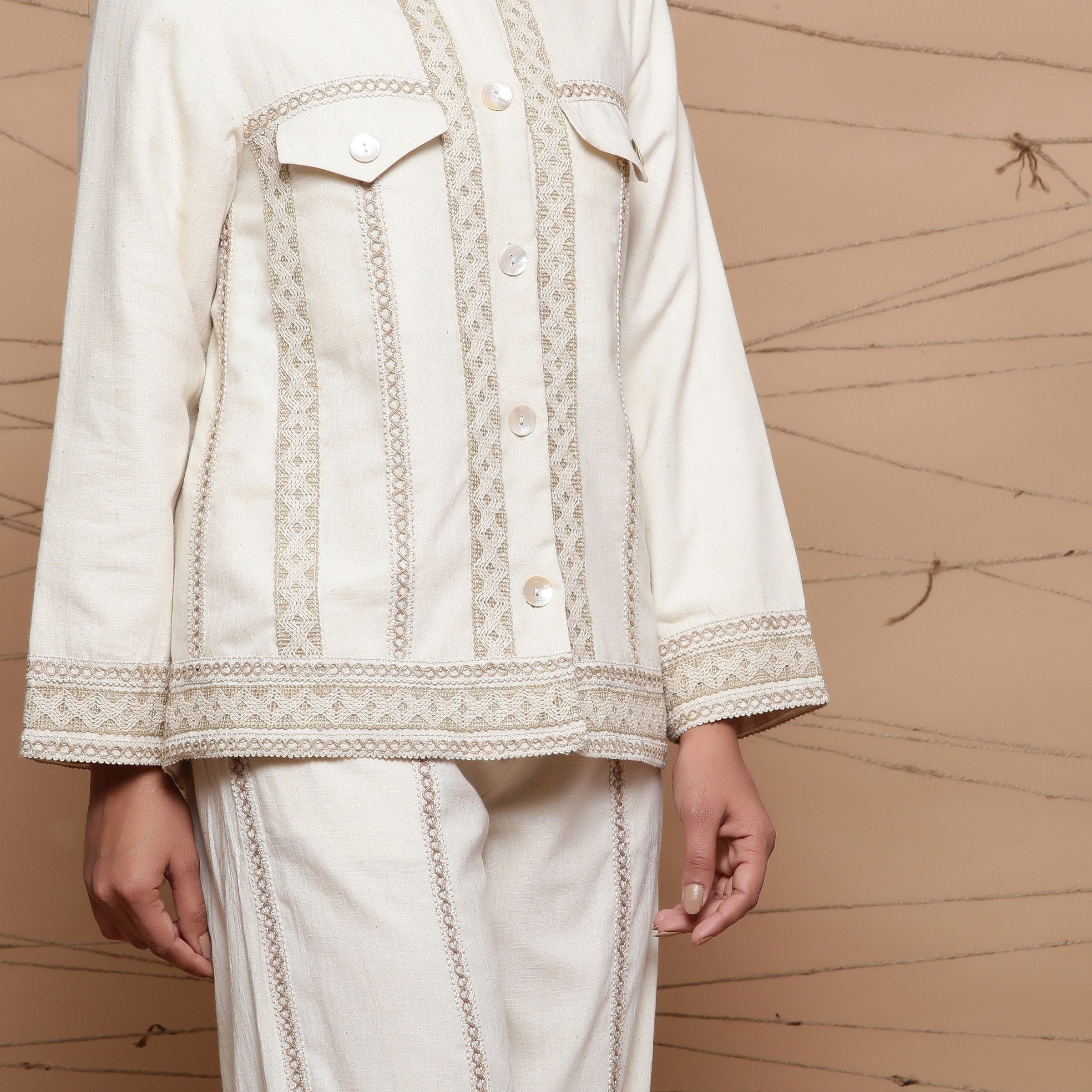 Front Detail of a Model wearing Undyed Handspun Jute Lace Cargo Jacket