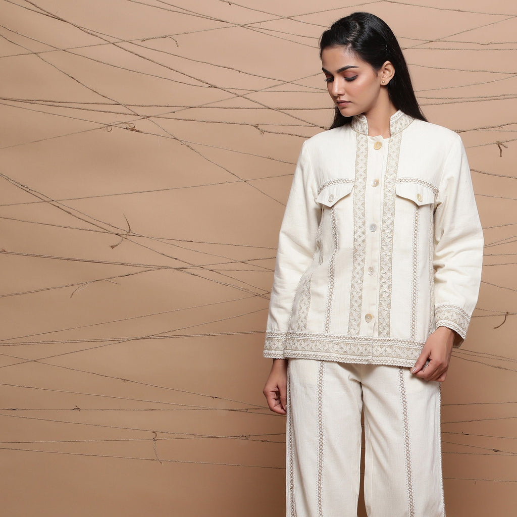 Front View of a Model wearing Undyed Handspun Jute Lace Cargo Jacket