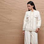Front View of a Model wearing Undyed Handspun Jute Lace Cargo Jacket
