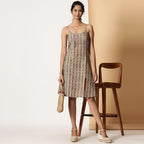 Front View of a Model wearing Kalamkari Block Printed Striped Slit Dress