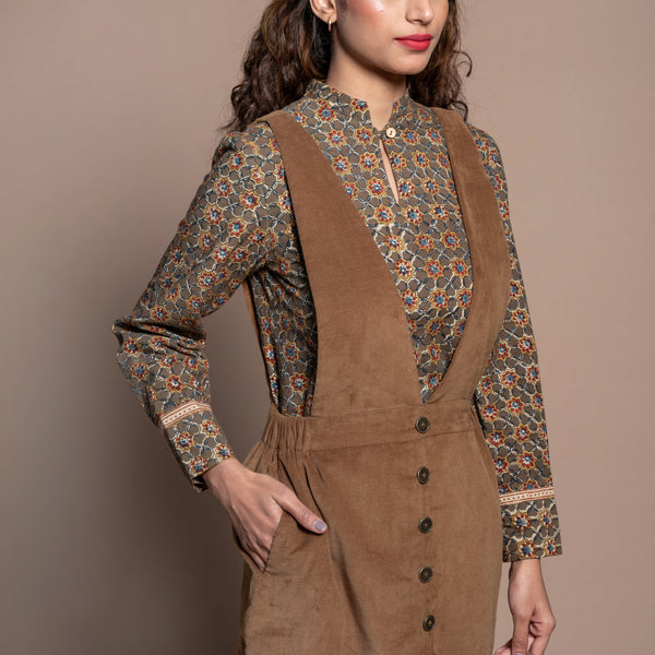 Front Detail of a Model wearing Camel Brown Cotton Velvet Short Pinafore Dress