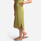 Left View of a Model wearing Khaki Green Cotton Welt Pocket Dress
