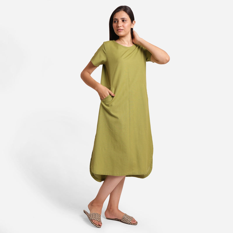 Front View of a Model wearing Khaki Green Cotton Welt Pocket Dress