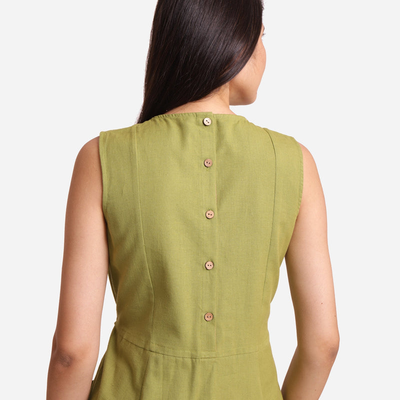 Back Detail of a Model wearing Khaki Green Patch Pocket Round Neck Dress