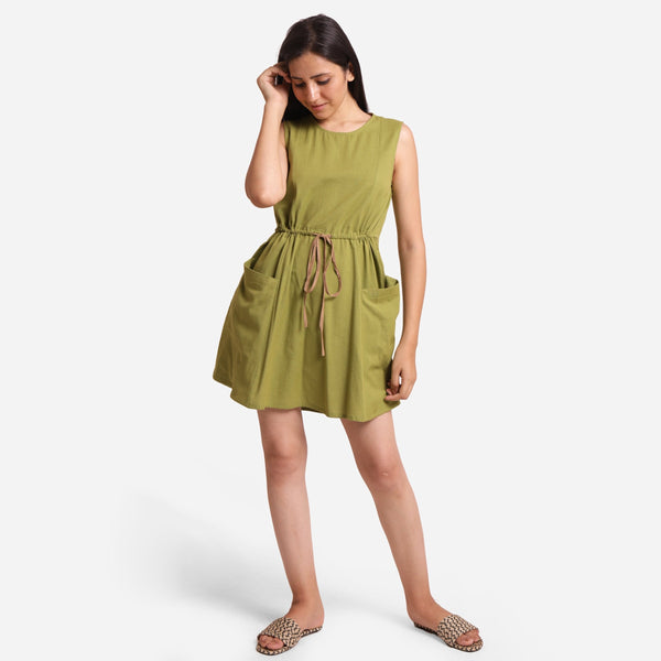 Front View of a Model wearing Khaki Green Patch Pocket Round Neck Dress