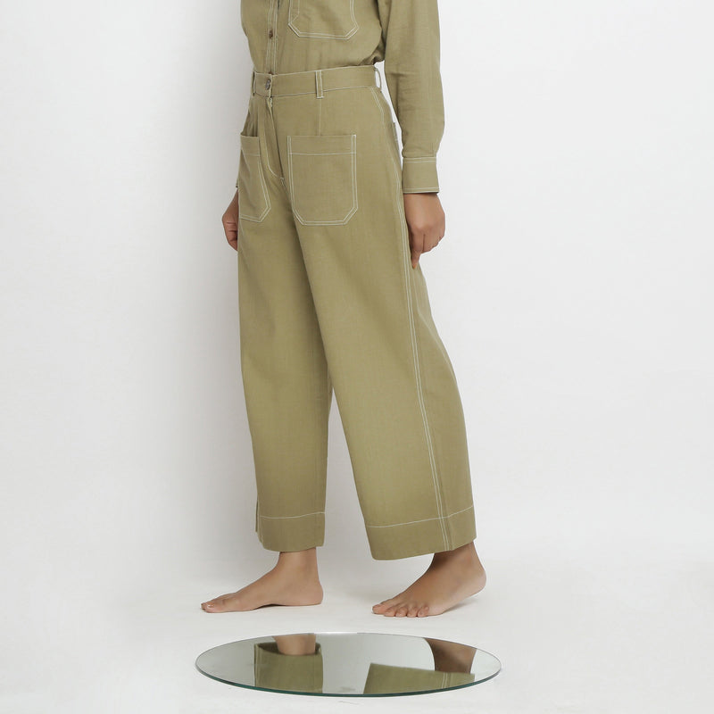 Left View of a Model wearing Khaki Green Patch Pocket Straight Fit Pant