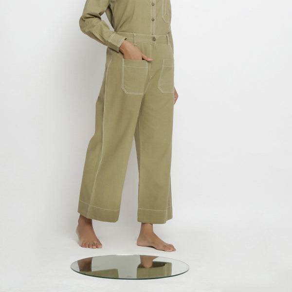 Right View of a Model wearing Khaki Green Patch Pocket Straight Fit Pant