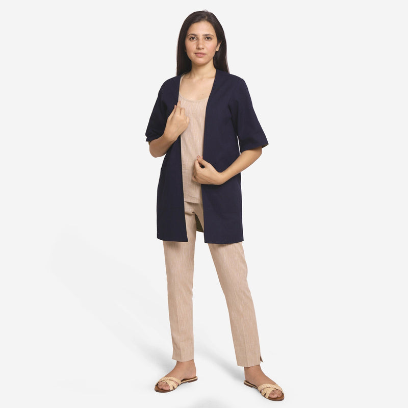 Front View of a Model wearing Reversible Cotton Flax Front Open Overlay