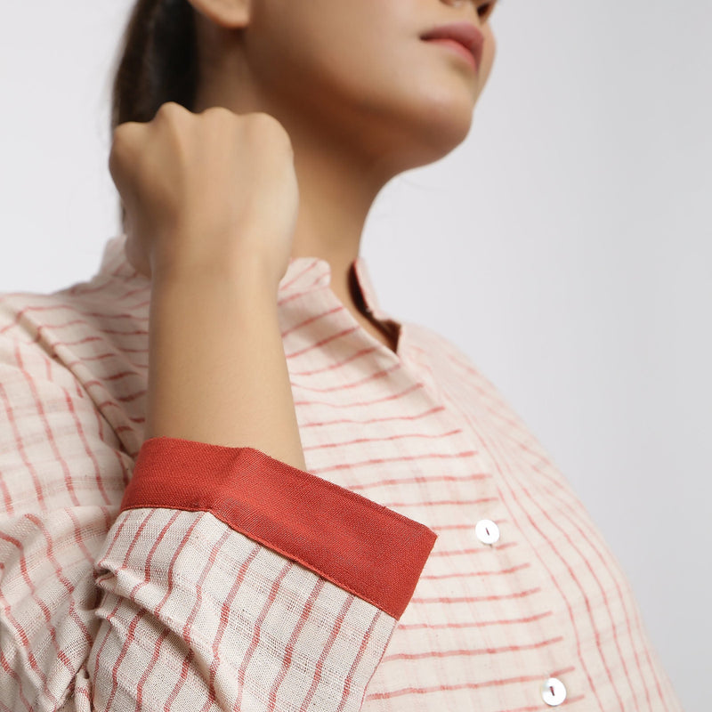 Right Detail of a Model wearing Vegetable Dyed Checkered Button-Down Shirt