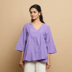 Front View of a Model wearing Lavender Mangalgiri Cotton Asymmetrical Top