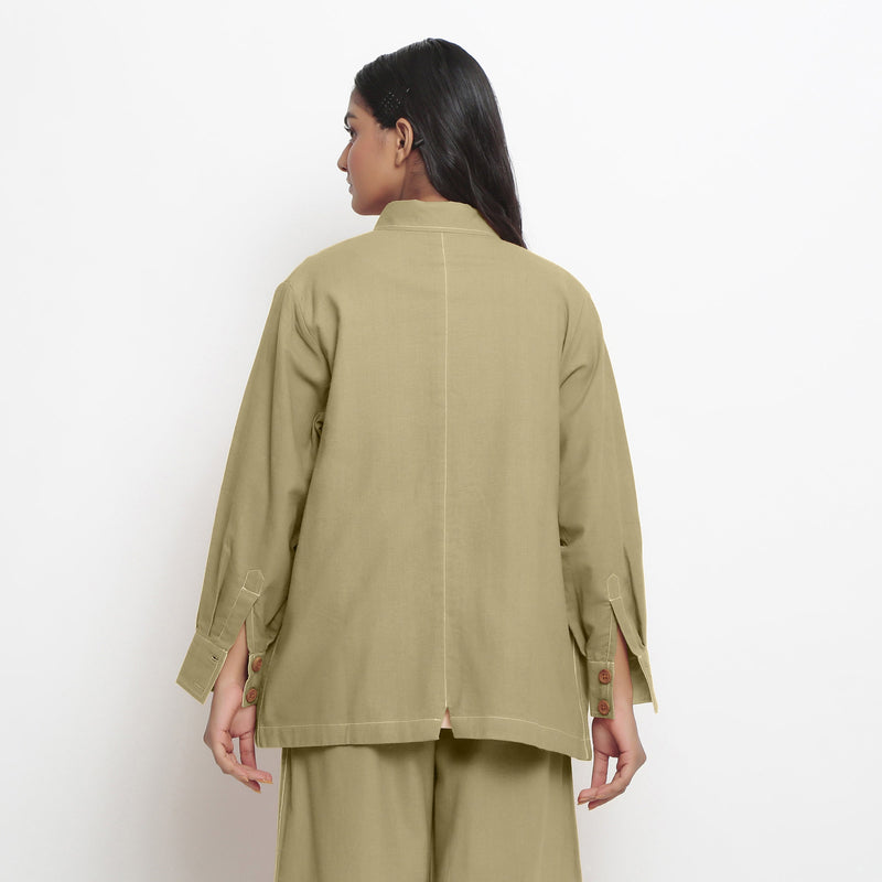 Back View of a Model wearing Green 100% Cotton Button-Down Outerwear