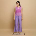 Front View of a Model wearing Lilac Godet Top and Lavender Godet Pant Set