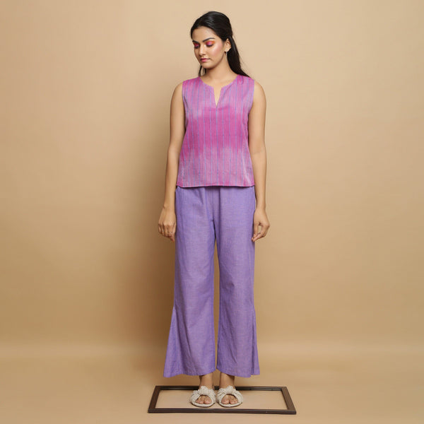 Front View of a Model wearing Lilac Godet Top and Lavender Godet Pant Set