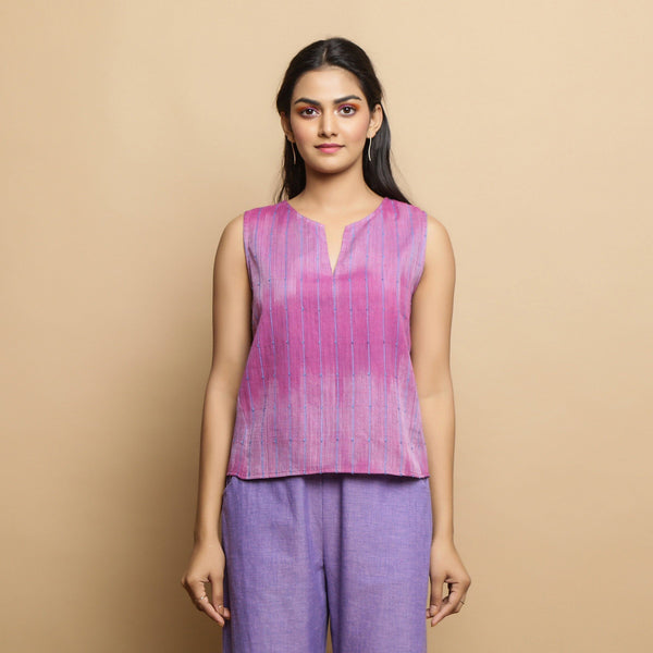 Front View of a Model wearing Lilac Cotton Keyhole Neck Godet Top