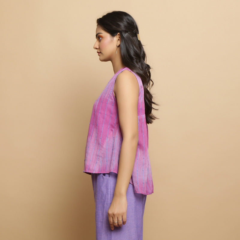 Left View of a Model wearing Lilac Cotton Keyhole Neck Godet Top