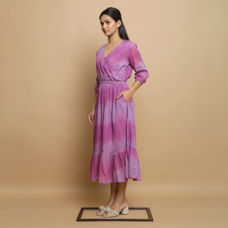 Left View of a Model wearing Lilac Cotton Asymmetrical Dress