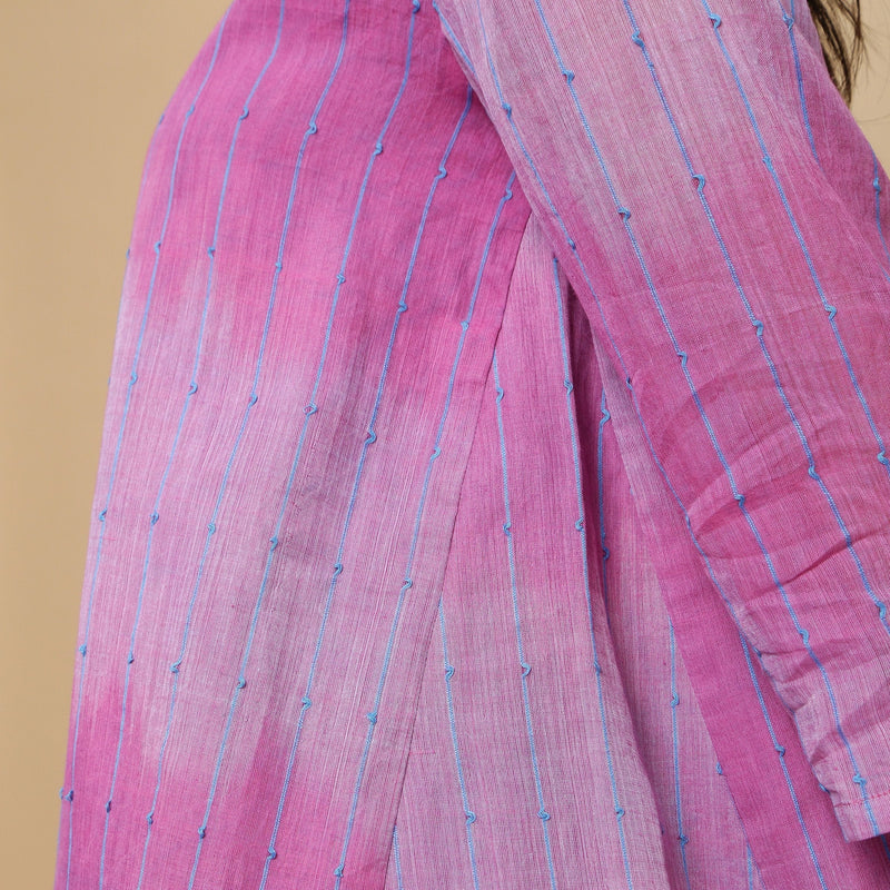Left Detail of a Model wearing Lilac Handwoven Striped Button-Down Top