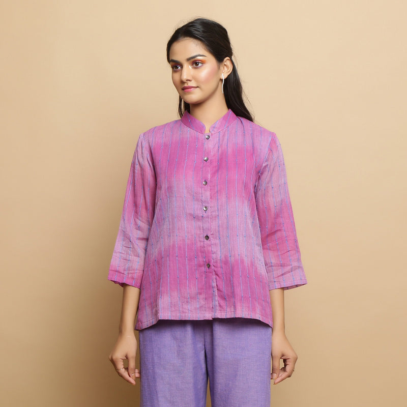 Front View of a Model wearing Lilac Handwoven Striped Button-Down Top