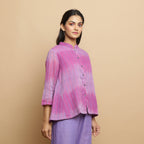 Right View of a Model wearing Lilac Handwoven Striped Button-Down Top