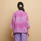 Back View of a Model wearing Lilac Handwoven Striped Button-Down Top