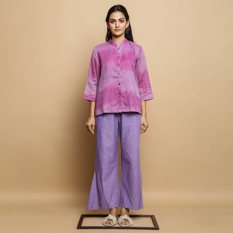 Front View of a Model wearing Lilac Striped Top and Lavender Godet Pant Set