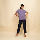 Front View of a Model wearing Lilac Yarn-Dyed 100% Cotton Gathered Top