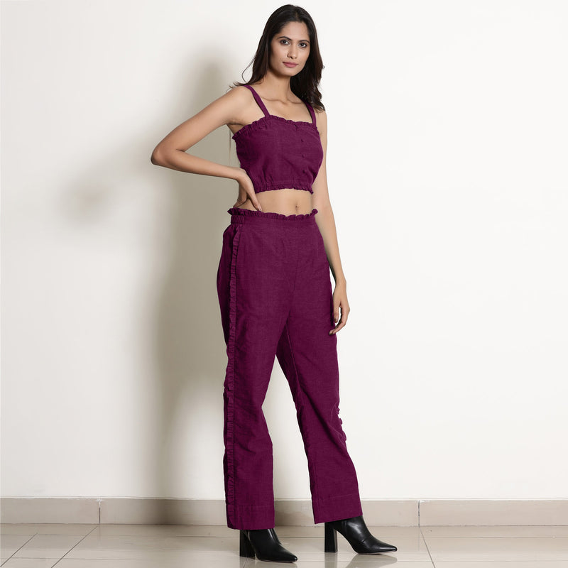 Magenta Warm Cotton Bustier Top and Mulberry Cotton Pant Co-ord Set