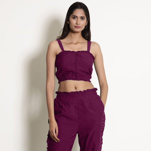 Magenta Warm Cotton Bustier Top and Mulberry Cotton Pant Co-ord Set