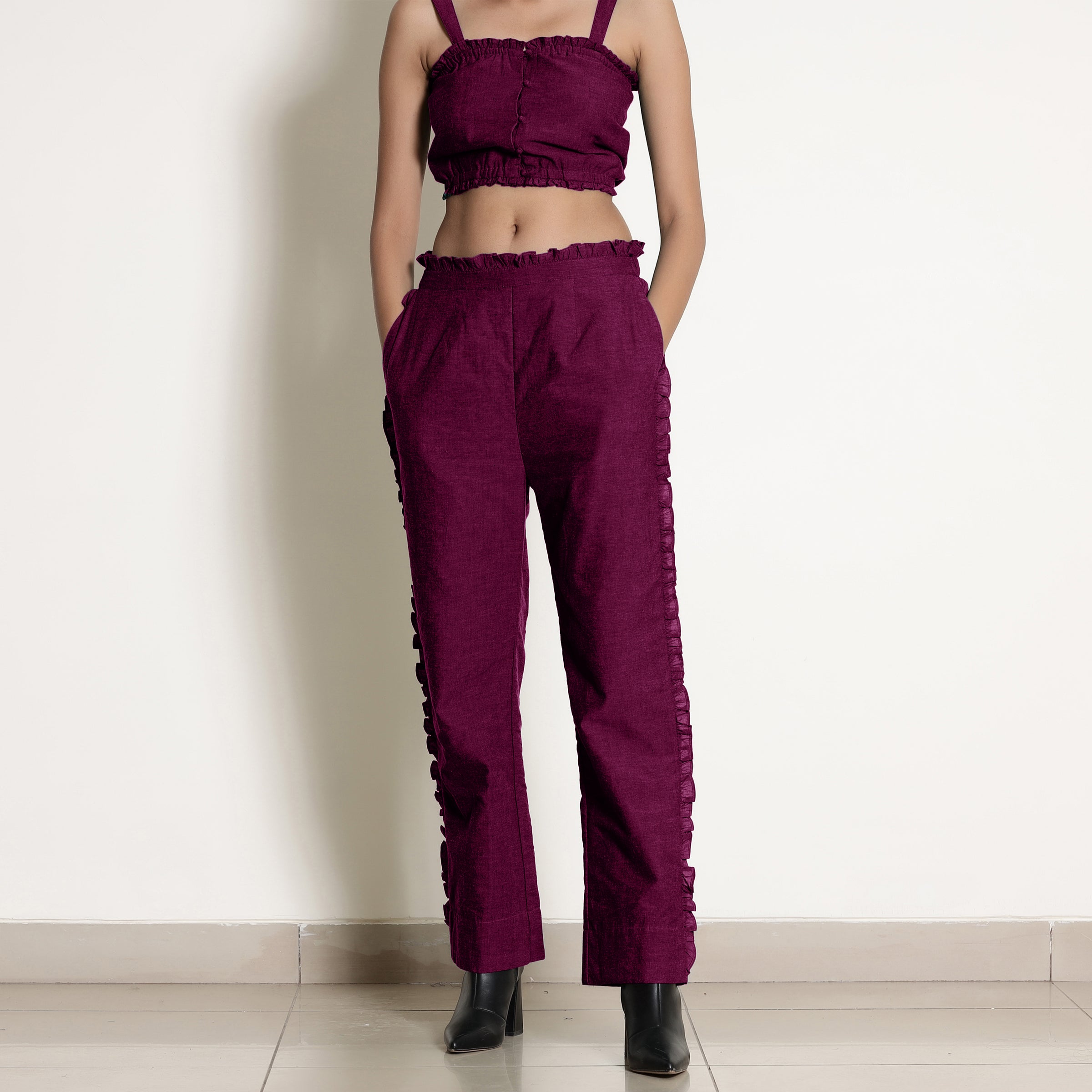 Magenta Warm Cotton Bustier Top and Mulberry Cotton Pant Co-ord Set