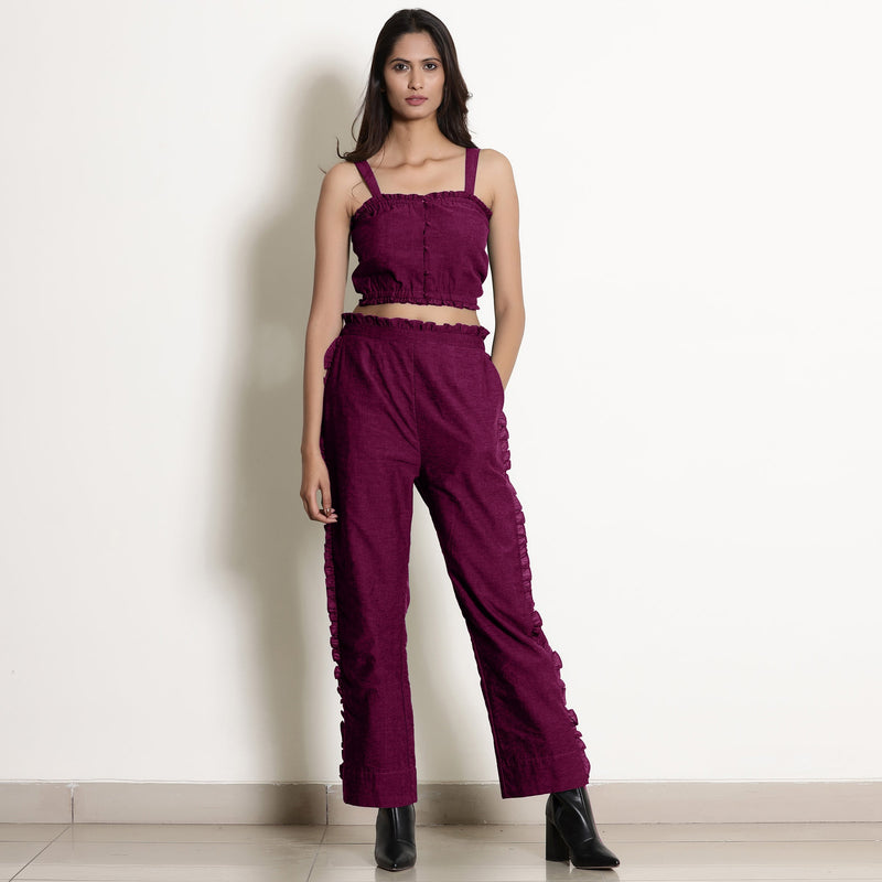 Magenta Warm Cotton Bustier Top and Mulberry Cotton Pant Co-ord Set