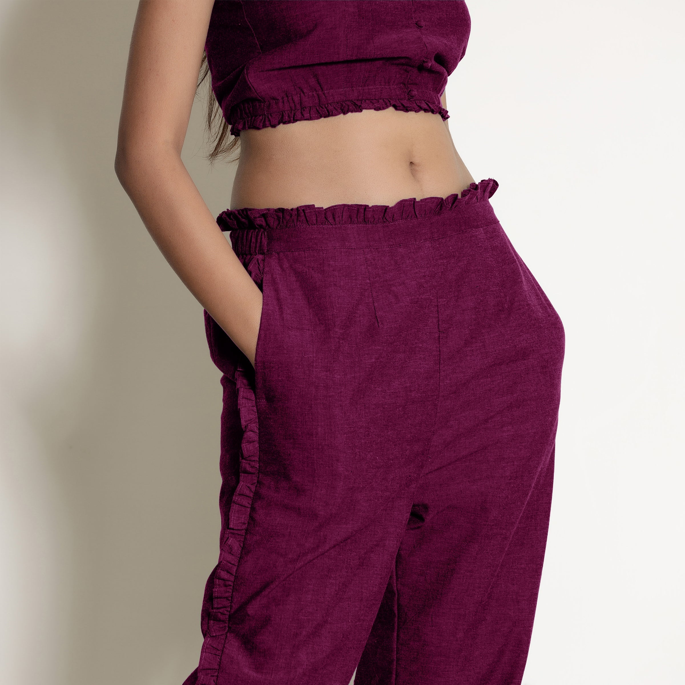 Magenta Warm Cotton Bustier Top and Mulberry Cotton Pant Co-ord Set