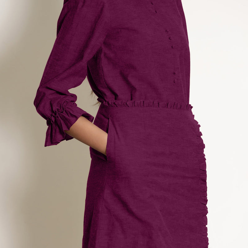 Front Detail of a Model wearing Magenta Frilled Sleeve Button Down Top