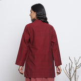 Back View of a Model wearing Maroon Handspun Button-Down Outerwear