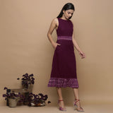 Maroon Handspun Cotton Muslin Boat Neck Tier Midi Dress