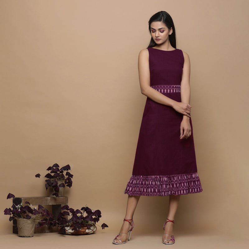 Maroon Handspun Cotton Muslin Boat Neck Tier Midi Dress