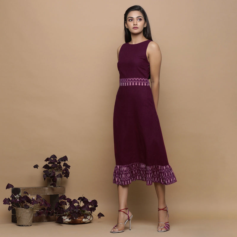 Maroon Handspun Cotton Muslin Boat Neck Tier Midi Dress