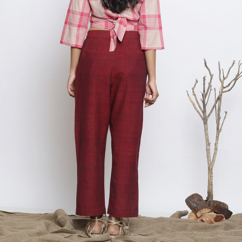 Back View of a Model wearing Maroon Handspun Straight Fit Pant