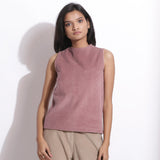 Front View of a Model wearing Mauve Cotton Corduroy Funnel Neck Top